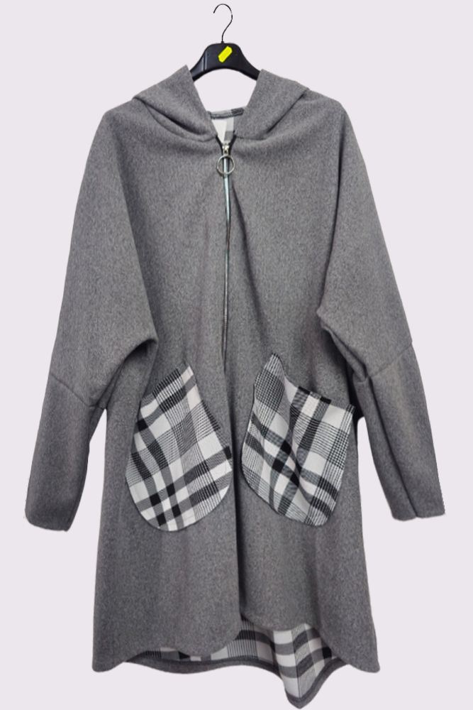 Plaid Pattern Zip Up Pockets Hooded Jacket