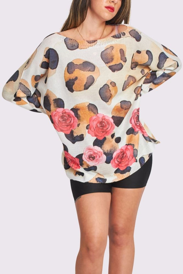 Leopard Splash Rose Print Knit Style Oversized Top