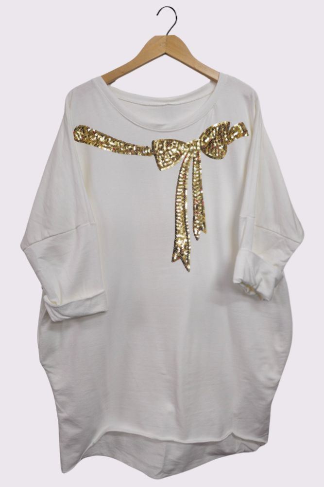 Gold Sequin Ribbon Design Side Pockets Diphem Cotton Top