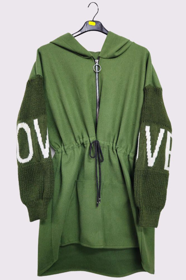 Plain Drawstring Waist Love Knit Sleeve Hooded Jacket