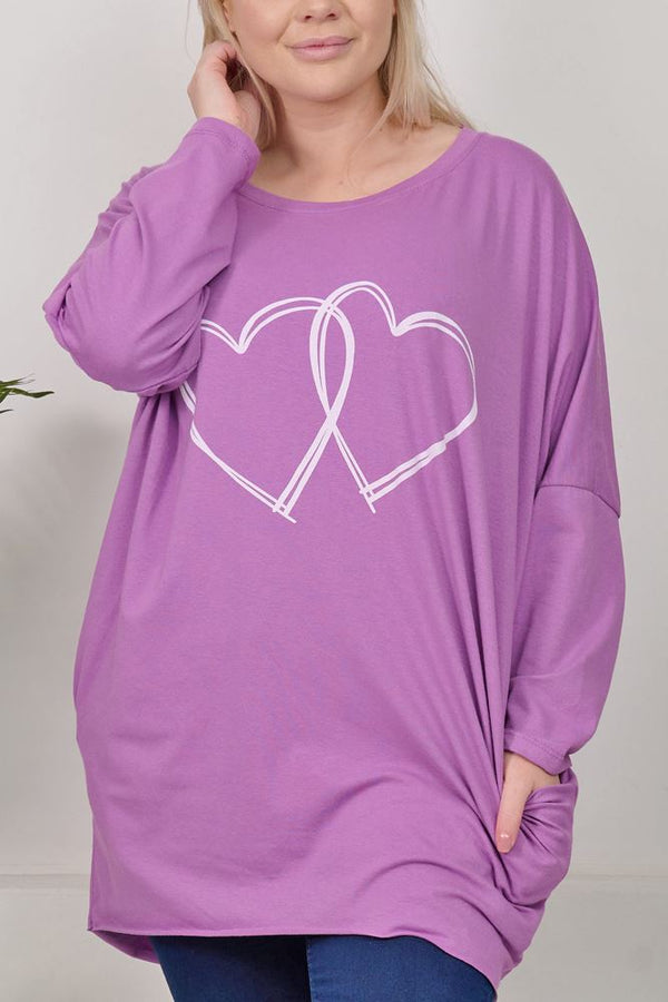 Heart Print Dipped Hem Cotton Top