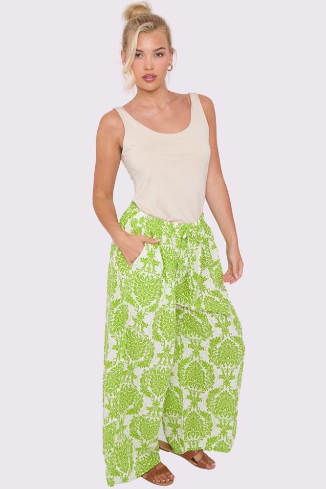 Damask Print Drawstring Waistband Wide Leg Palazzo