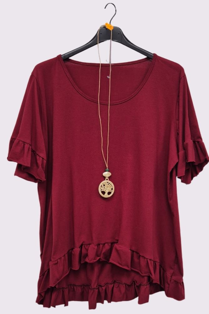 Plain Ruffle Hem Necklace Cotton Top