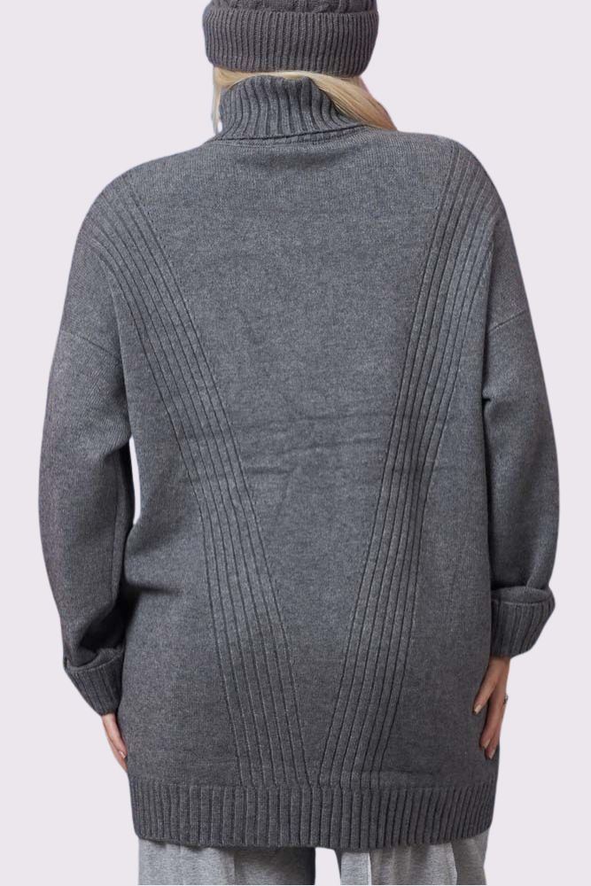 Ribbed Pattern Cowl Neck Tunic Jumper