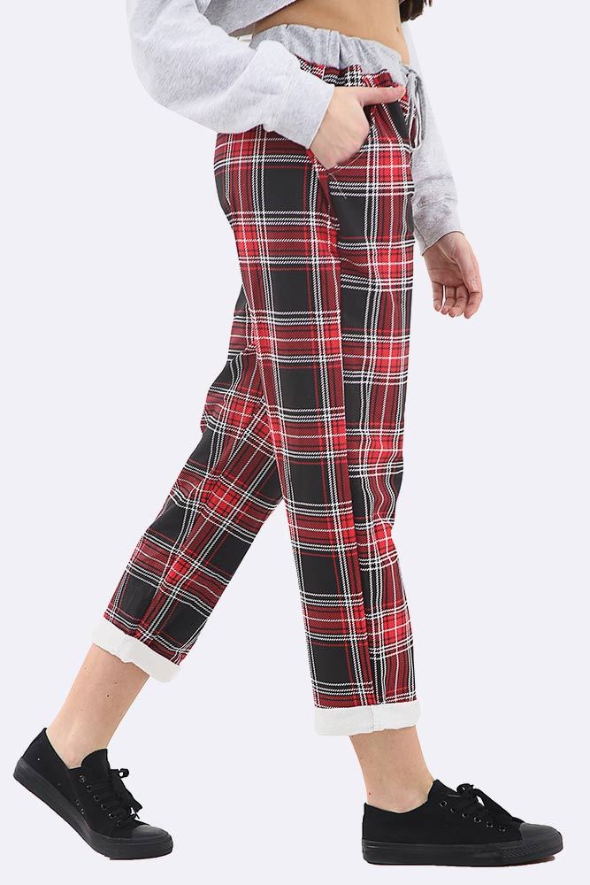 Cotton Tartan Print Foldover Hem Lined Trouser