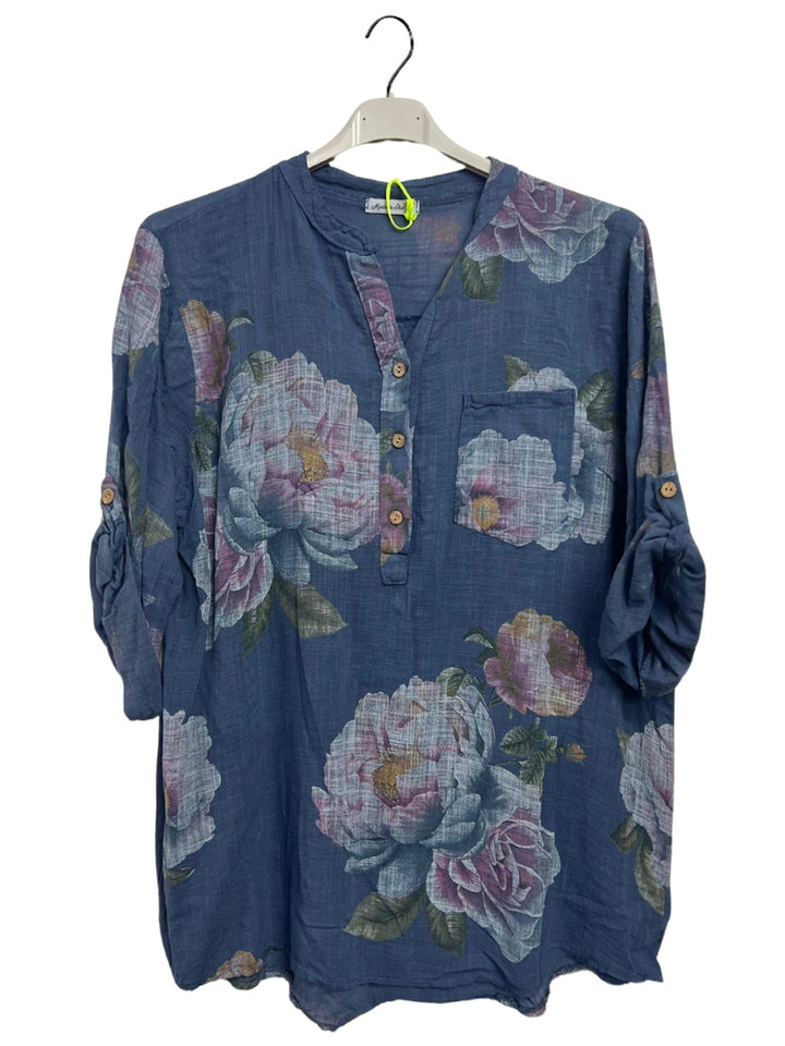 Floral Print Single Chest Pocket Tunic Cotton Top