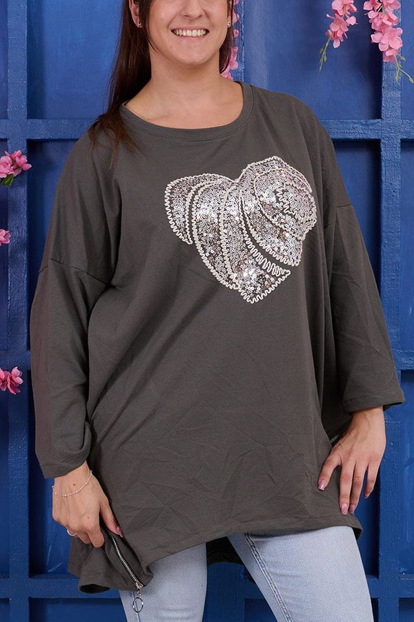 Sequin Heart Motif Side Zip Cotton Top