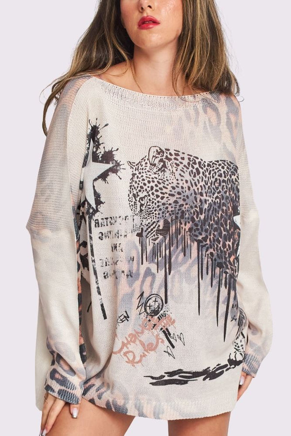 Leopard Print Change The Rules Quote Knit Style Oversized Top