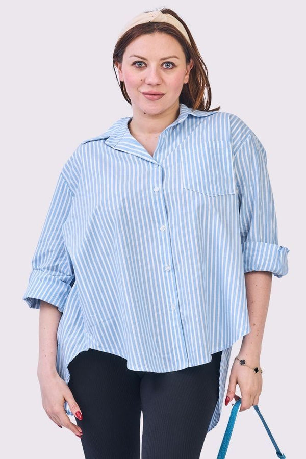 Stripe Print Oversized High Low Hem Front Pocket Cotton Shirt