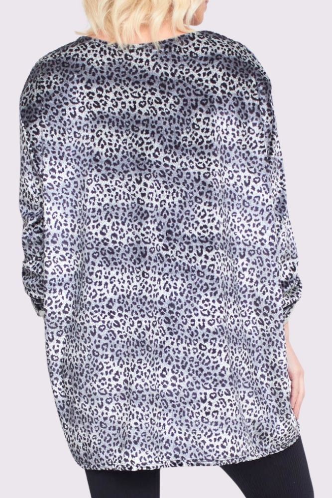 Animal Print Button Up Sleeve Dip Hem Top