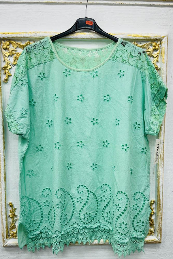 Paisley Floral Cutout Pattern Lace Hem Cotton Top