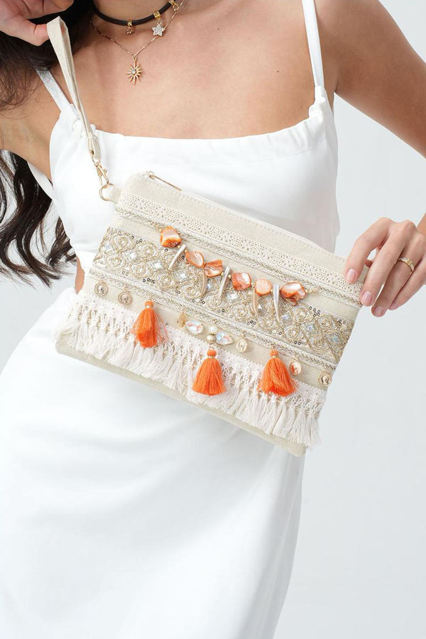 Boho Shell & Tassel Embellished Clutch Bag