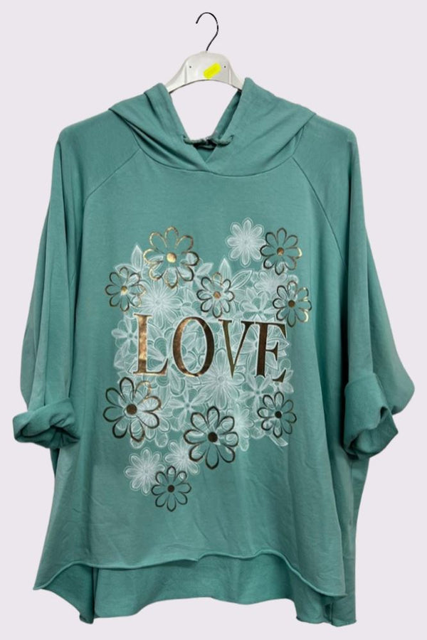 Love Flower Foil Print String Hoody High Low Hem Cotton Hoodie