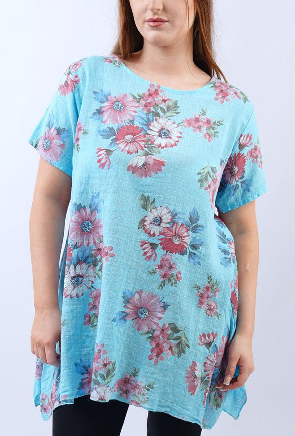 Sun Flower Print Side Split Cotton Top