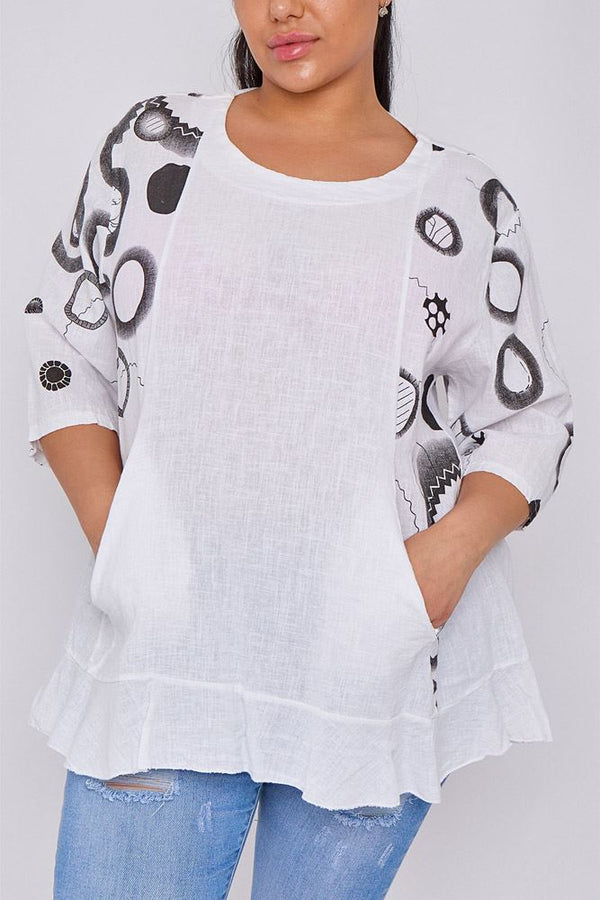 Circle Print Ruffle Hem Linen Top