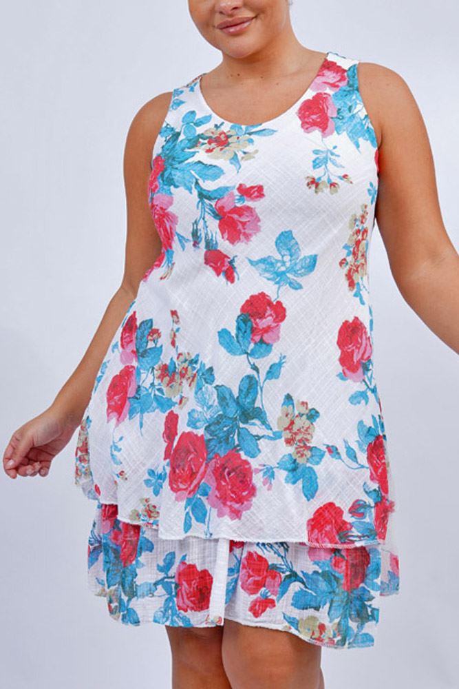 Rose Design Cotton Dress with Tiered Hem
