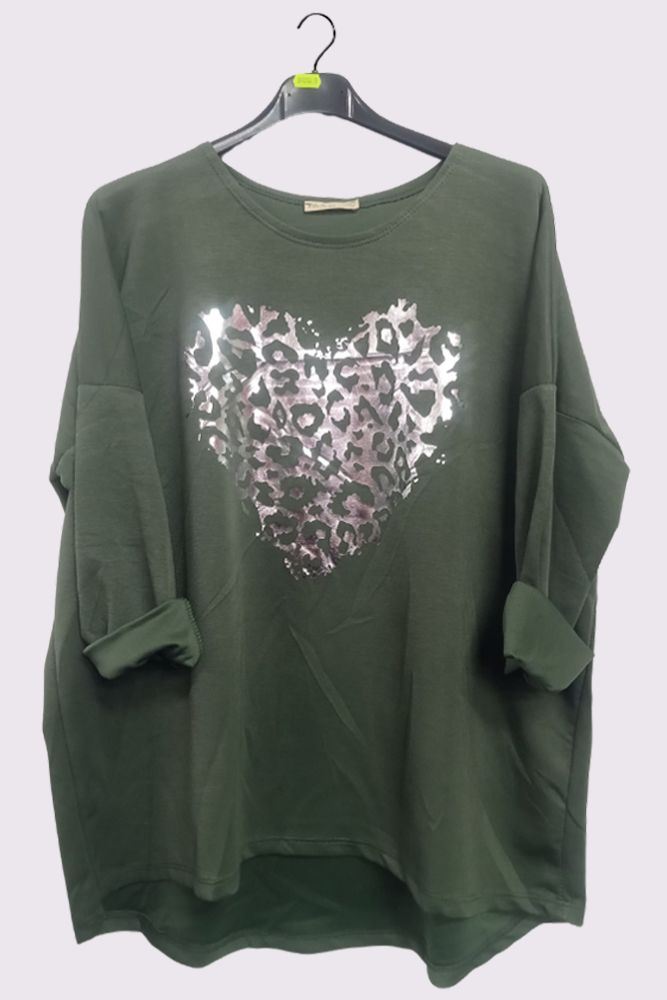 Foil Leopard Heart Print Dipped Hem Top