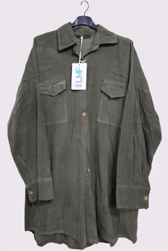 Corduroy High Low Hem Pockets Cotton Shirt