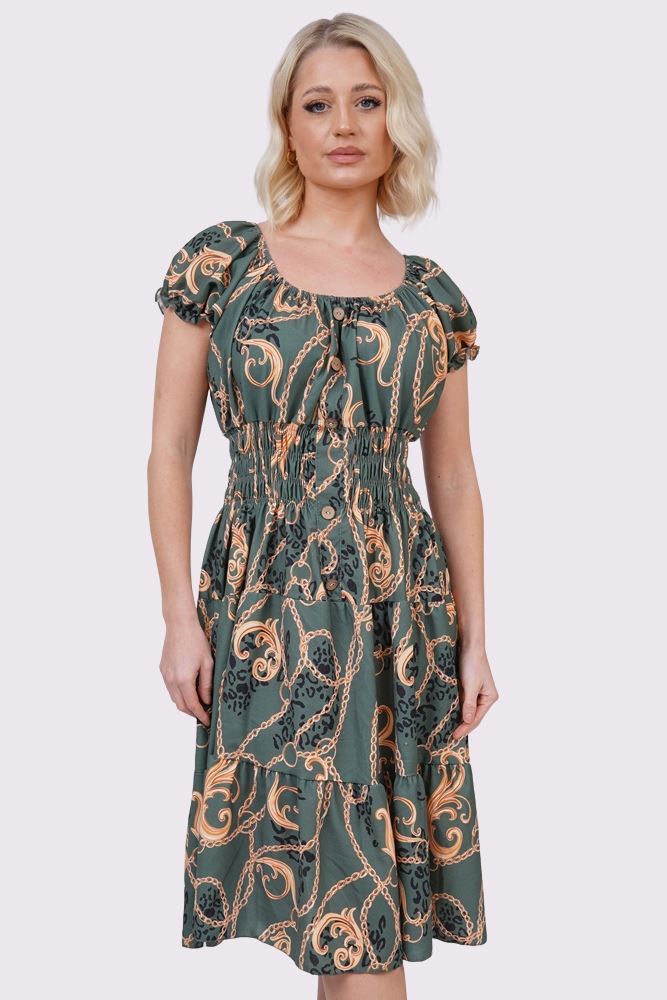 Baroque Chain Print Front Button Dresses