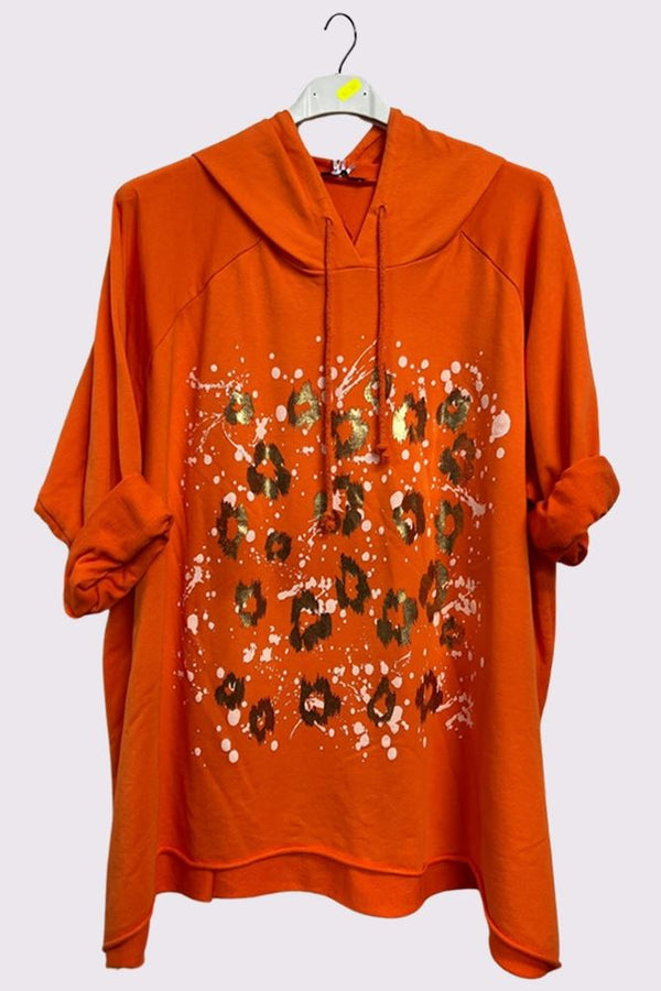 Leopard Foil Splash Print String Hoody High Low Hem Cotton Hoodie