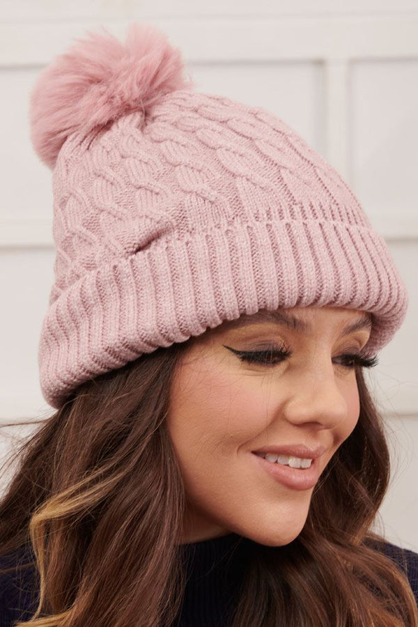 Cable Knit Pattern Pom Pom Knit Beanie Hat