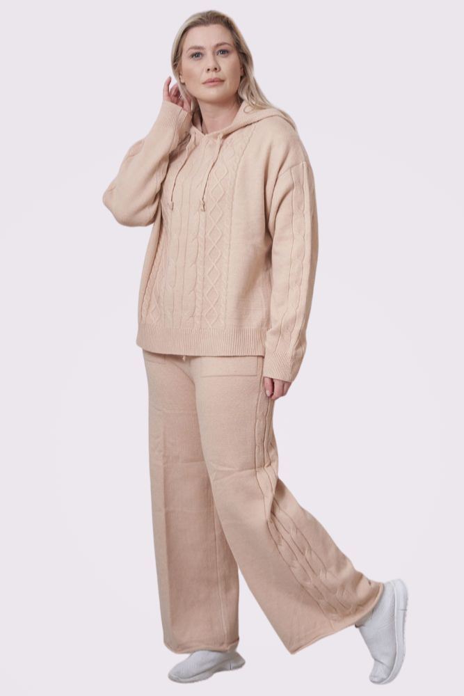 Cable Knit Pattern Hoodie Wide Leg Knit Co-Ord Set