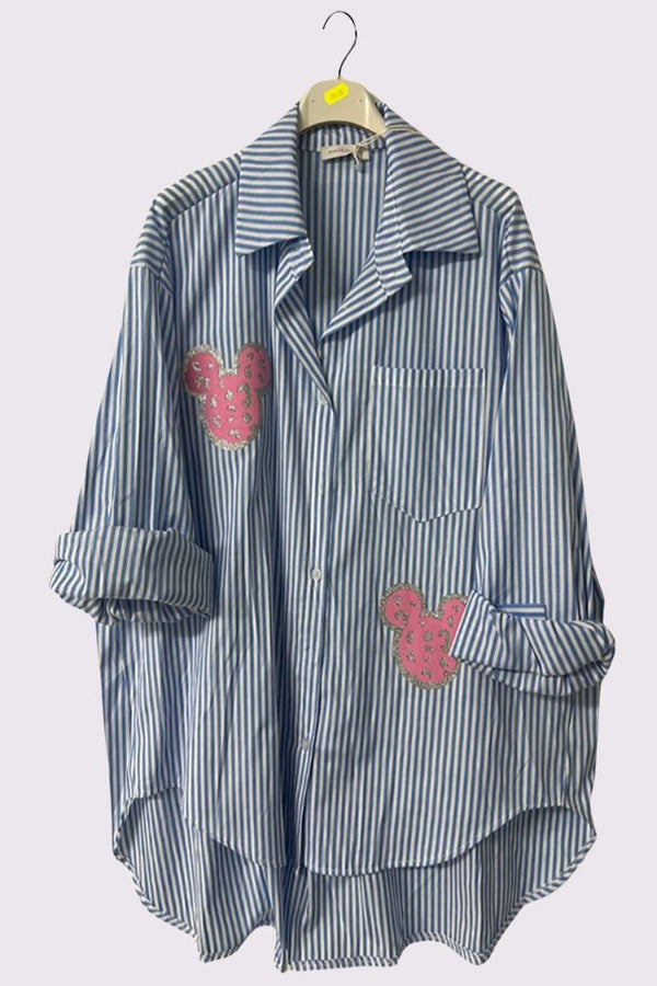 Stripe Print Sparkle Mouse Patch Button Closing Cotton Shirt