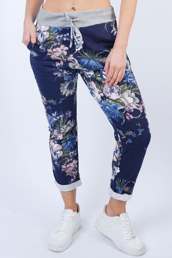 Floral Print Drawstring Waistband Cotton Jogging Bottom