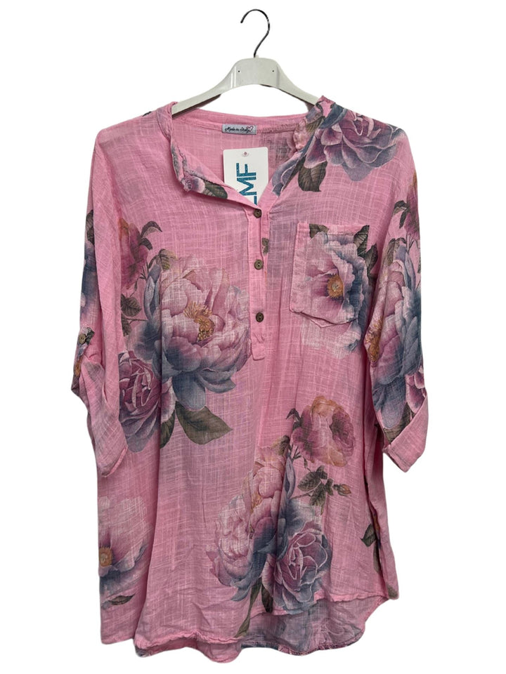 Floral Print Single Chest Pocket Tunic Cotton Top