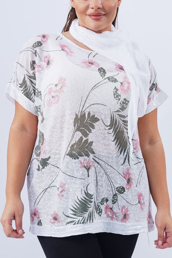 Tropical Flower Print Sequin Trim Hem Scarf Top