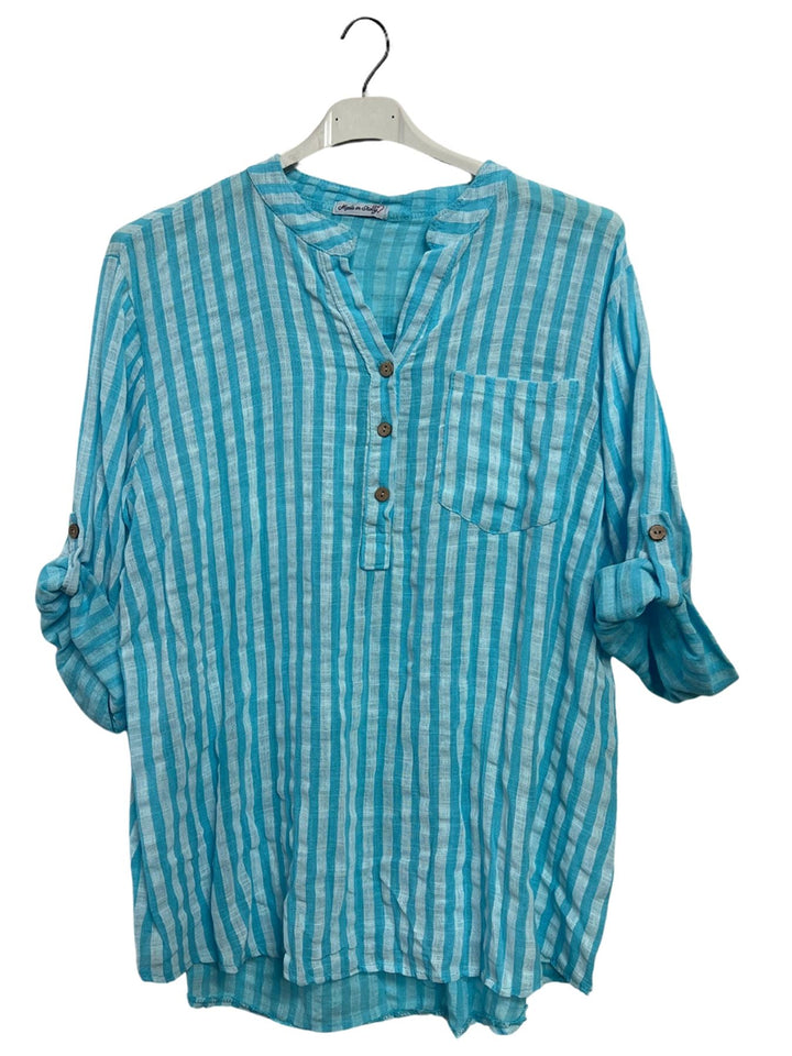 Vertical Stripes Print Single Chest Pocket Tunic Cotton Top