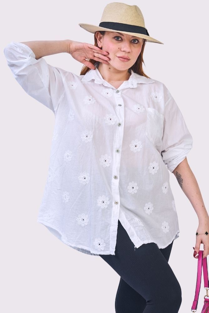 Floral Embroidered Pattern Front Pocket Cotton Shirt