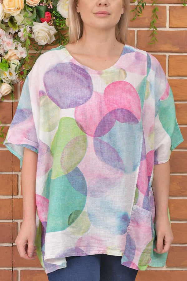 Rainbow Circle Print Linen Top