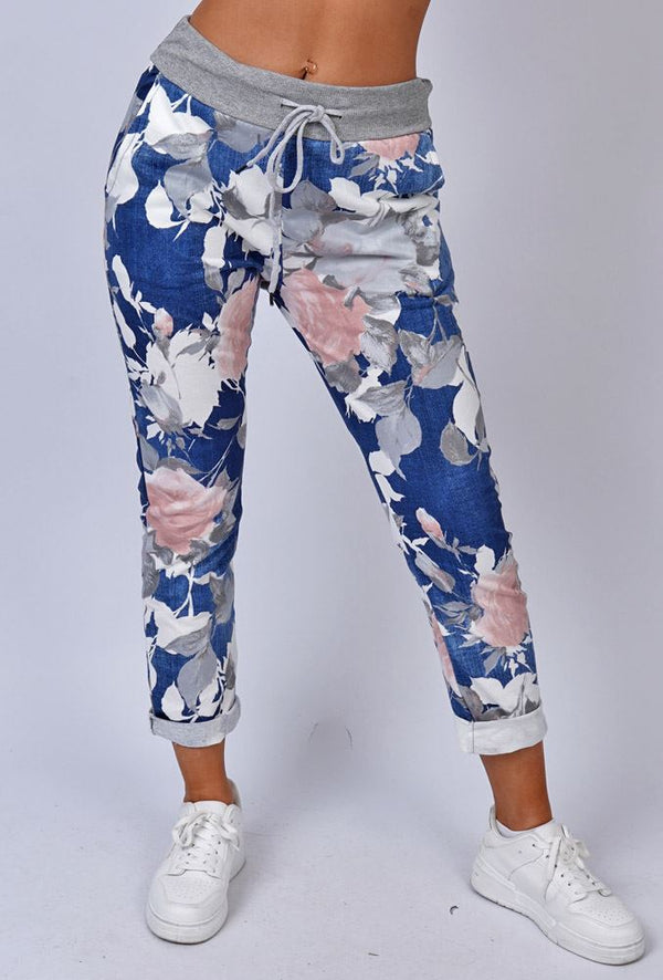 Floral Print Pockets Cotton Trousers