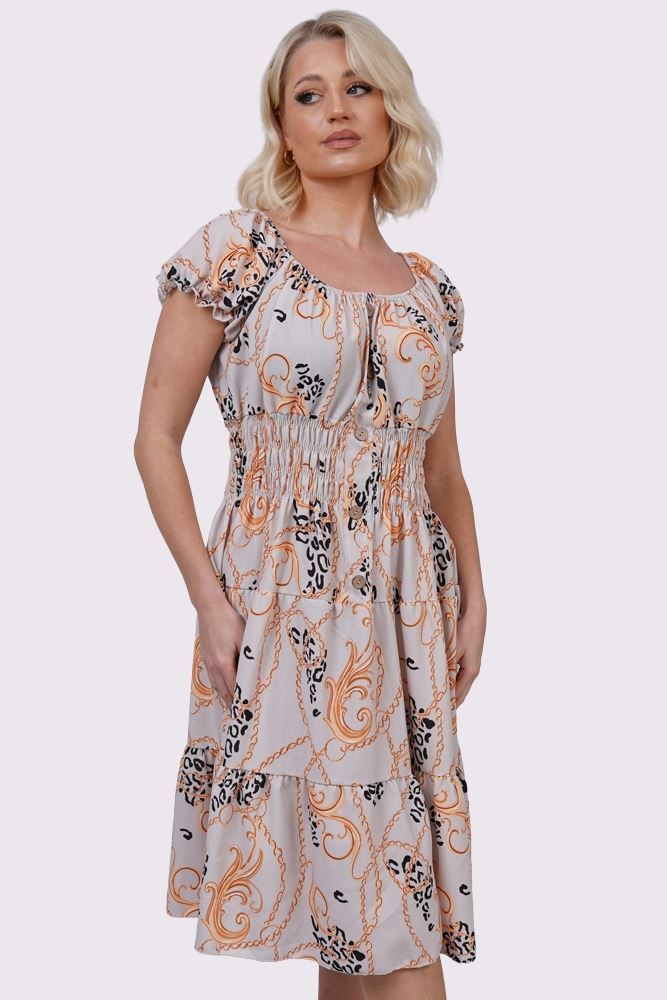 Baroque Chain Print Front Button Dresses