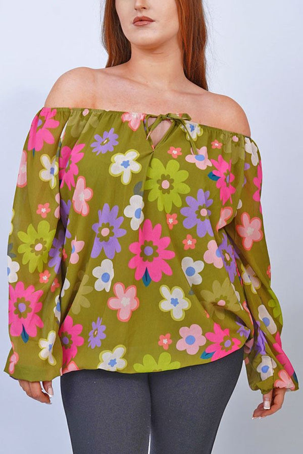 Daisy Flower Print Drawstring Neckline Top