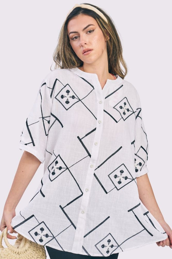 Abstract Geometric Print Button Up Cotton Shirt