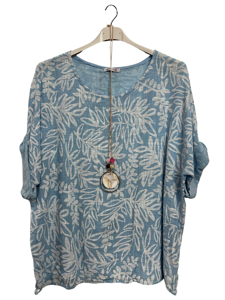 Floral Print Necklace Cotton Tunic Top