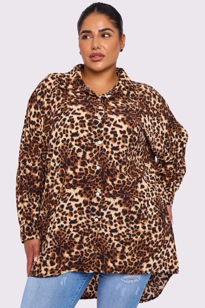 Leopard Print Collar High Low Hem Shirt