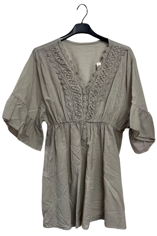 Plain V-Neckline With Lace Trim Detailing Tunic Cotton Dress