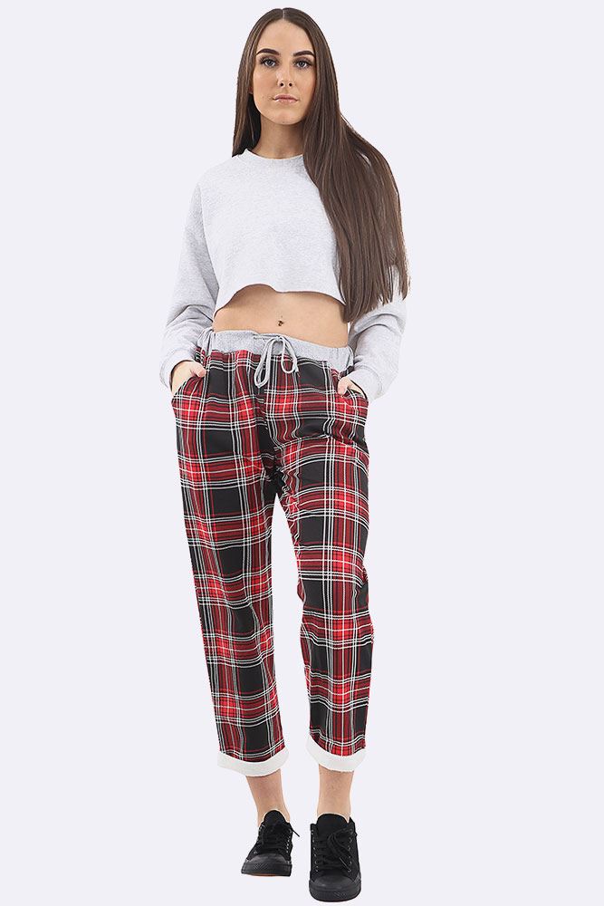 Cotton Tartan Print Foldover Hem Lined Trouser