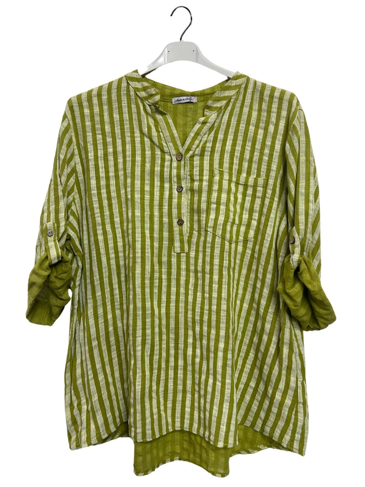 Vertical Stripes Print Single Chest Pocket Tunic Cotton Top