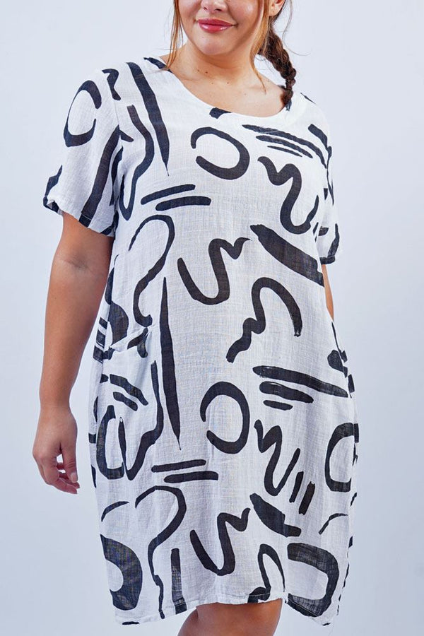 Brush Stroke Print Pockets Cotton Dress