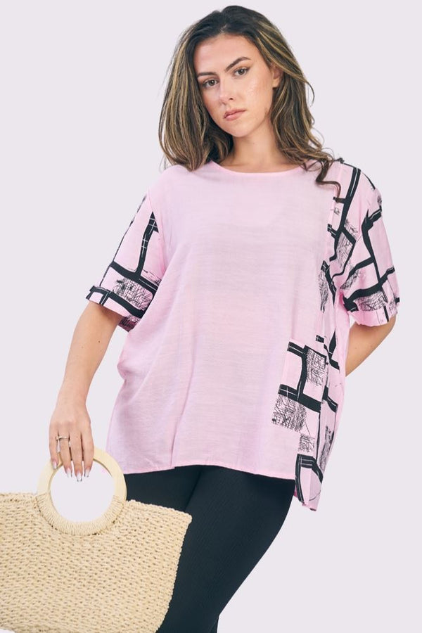 Abstract Check Print Pocket Cotton Top