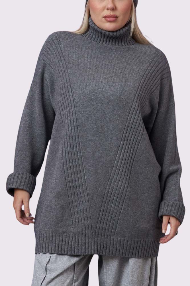 Ribbed Pattern Cowl Neck Tunic Jumper