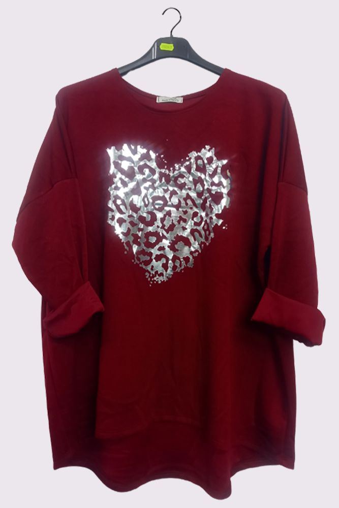 Foil Leopard Heart Print Dipped Hem Top