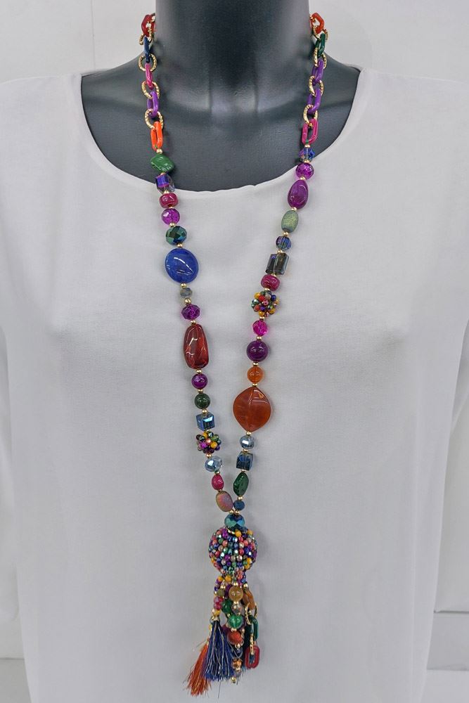 Multi Seed Stone bead Tassel Necklace