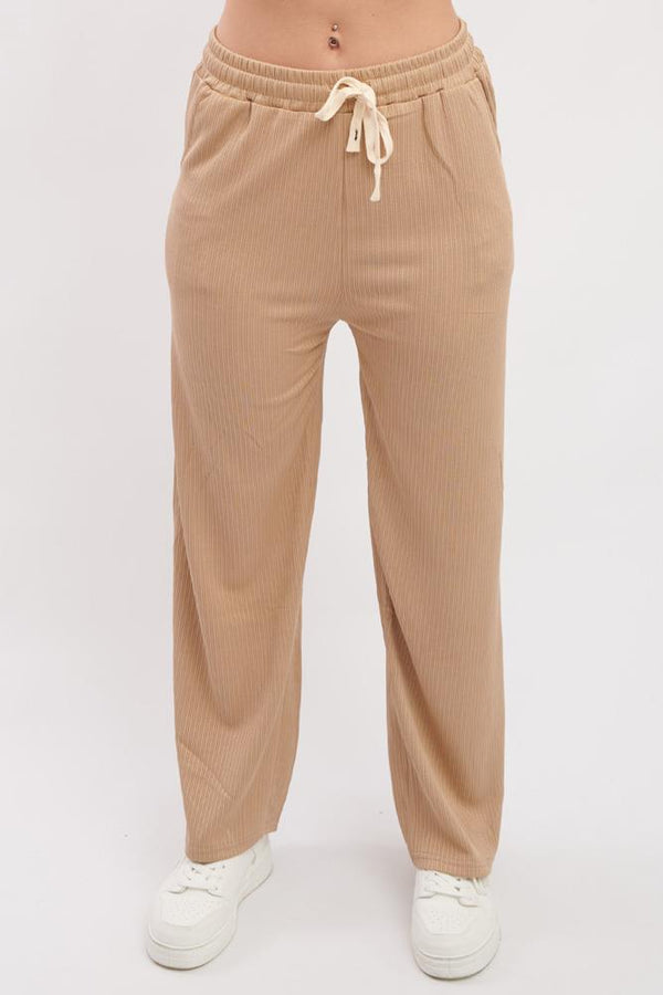 Plain Ribbed Wide Leg Drawstring Trousers