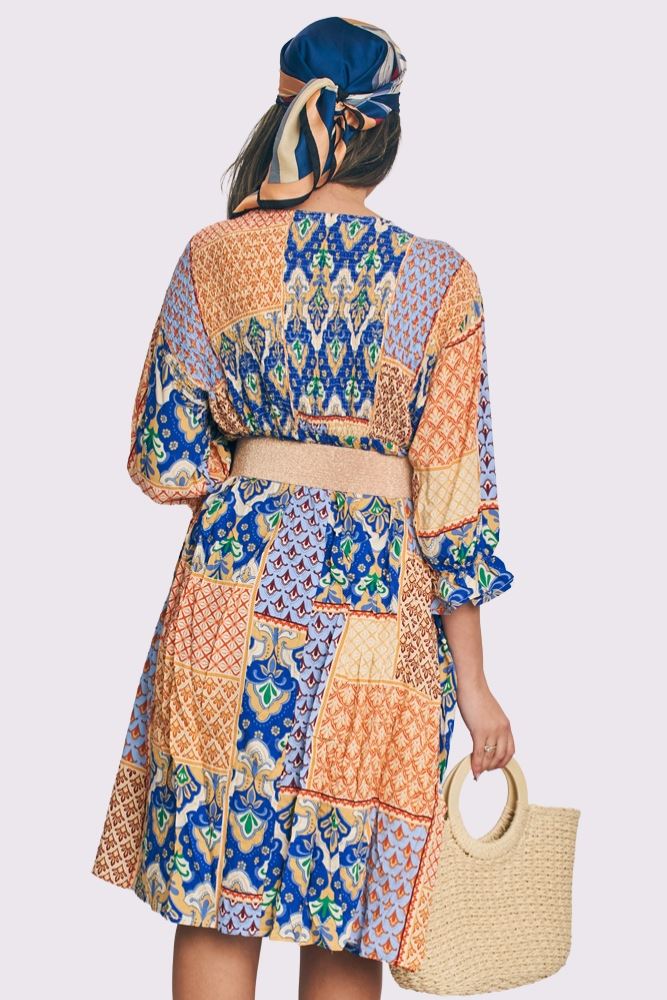 Geometric Print Shirred Dress