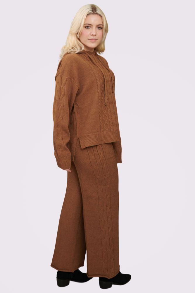 Cable Knit Pattern Hoodie Wide Leg Knit Co-Ord Set